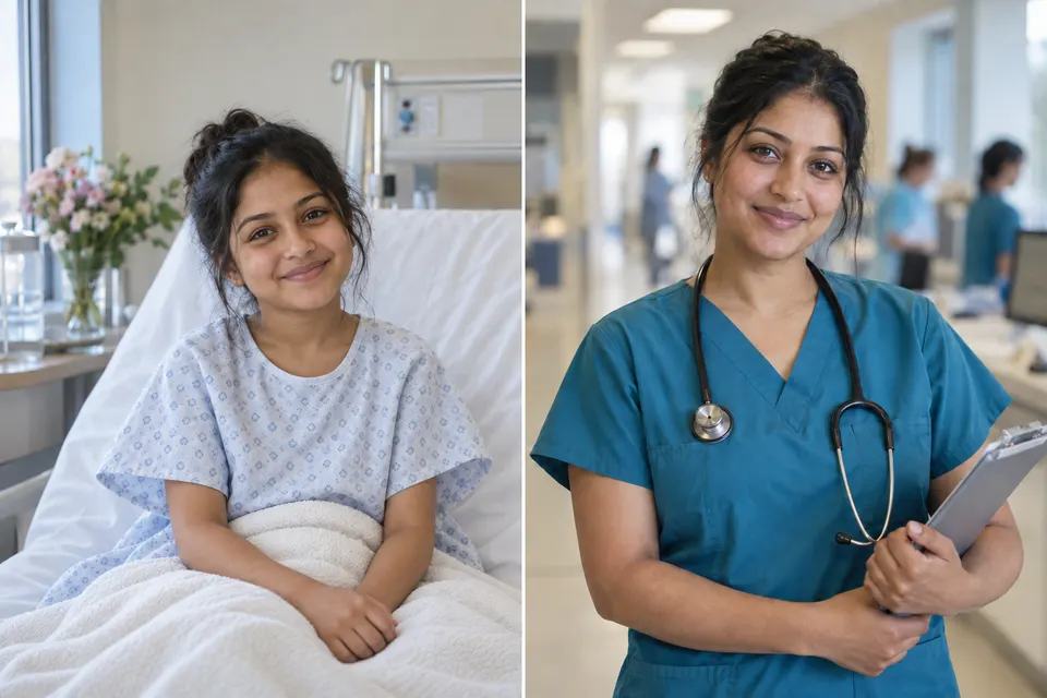 Two illustrative photographs of the same person: a nine-year-old patient in a hospital bed, then an adult nurse in scrubs