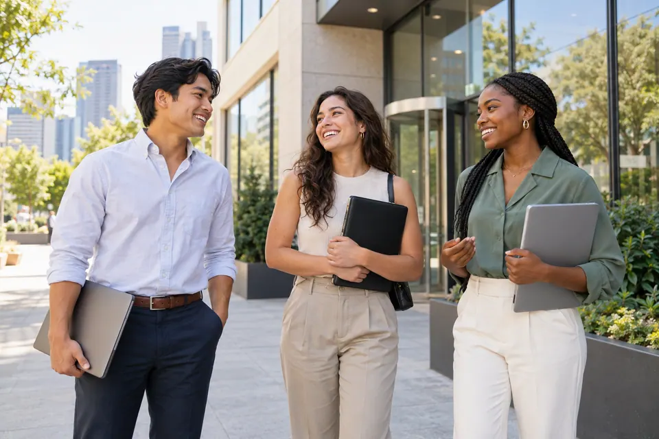 Three adult students arriving for their summer internships